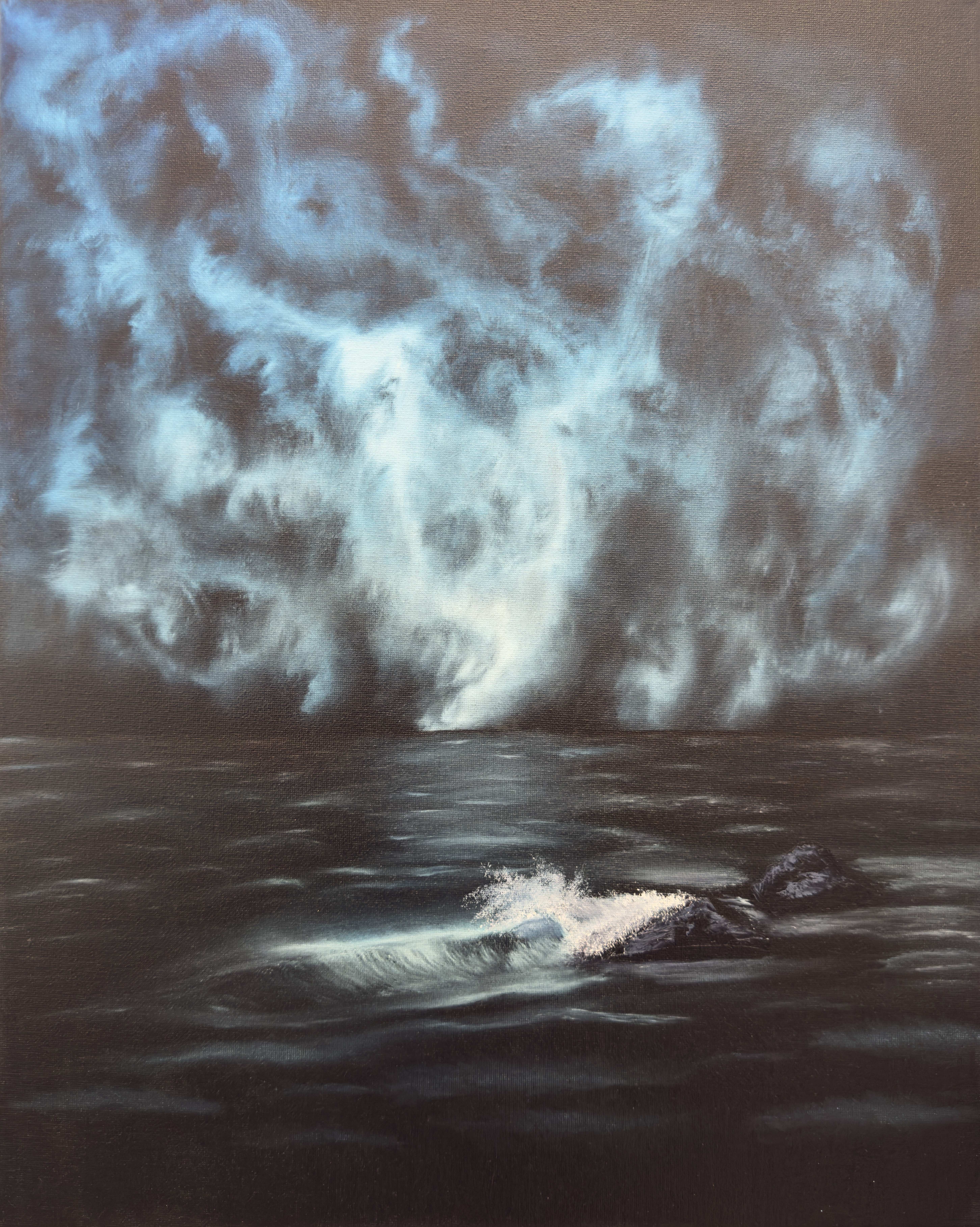 Fathom the Living Skies, night sky over the ocean, oil on canvas